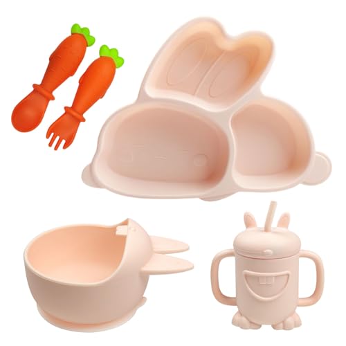 Cute Rabbit Silicone Baby Feeding Set, Baby Led Weaning Supplies, Rabbit Shapes Toddler Suction Plate and Bowl with Spoon Fork Sippy Cup, Self Feeding Silicone Tableware