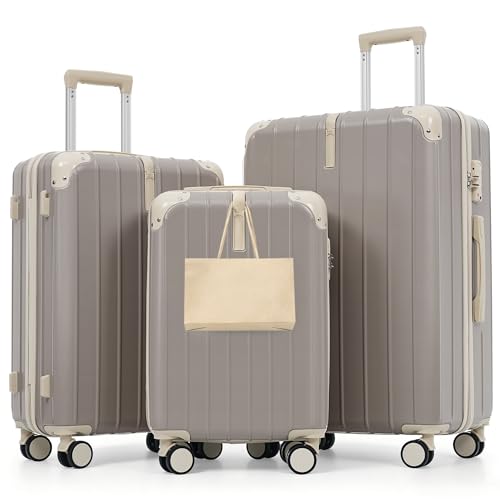 Image of Hardshell Luggage Sets, Lightweight Stripes Suitcases with Spinner Wheels, Light Grey