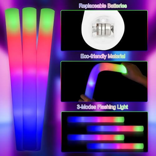 Paquete de 50 varillas de espuma luminosas para fiestas, luces LED intermitentes con 3 modos intermitentes, 8 ~ 10 horas de larga duración, suministros de fiesta multicolor para bodas, cumpleaños