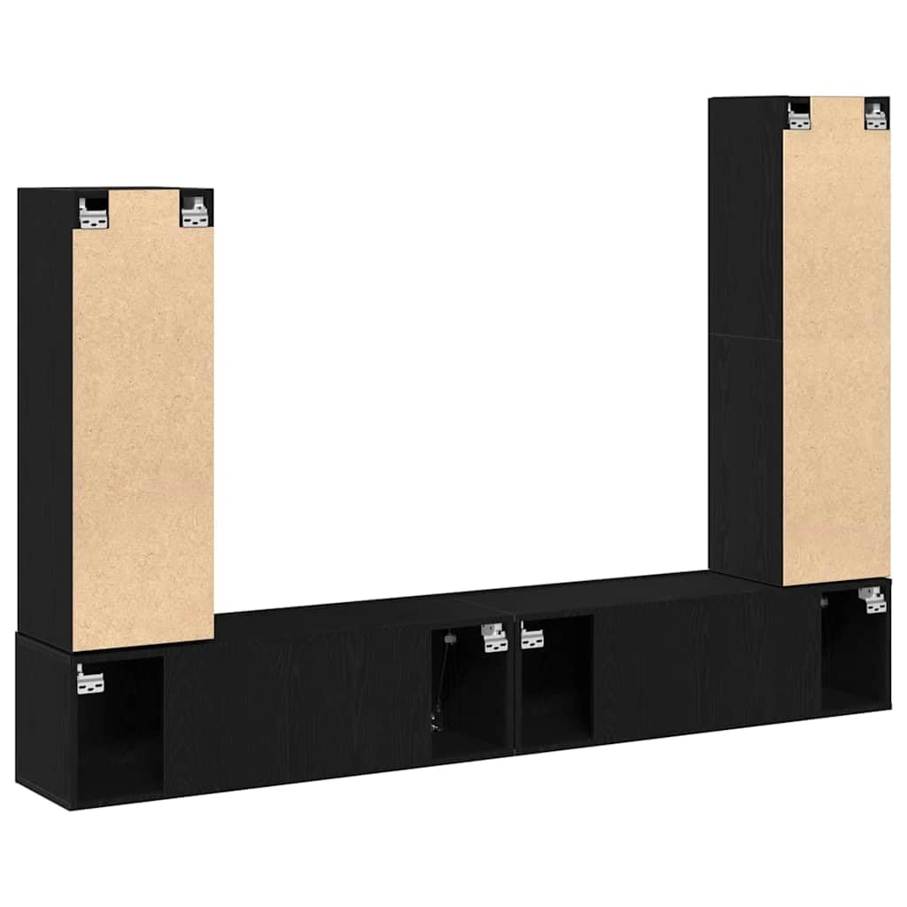 TV-Schrankset 6-teilig Wandmontiert - Modernes Lowboard hängend in Schwarz Eichen-Optik aus Holzwerkstoff - Platzsparende Schrankwand für Wohnzimmer & Media Center
