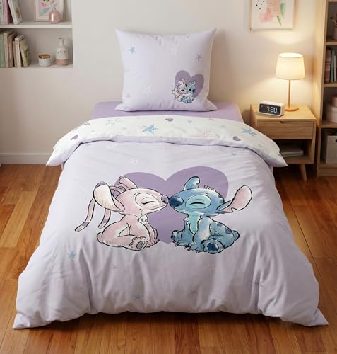 Jerry Fabrics Parure de Lit Stitch et Angel Heart 100% Coton, Housse de Couette Réversible 140x200 cm + Taie d'oreiller 65x65 cm