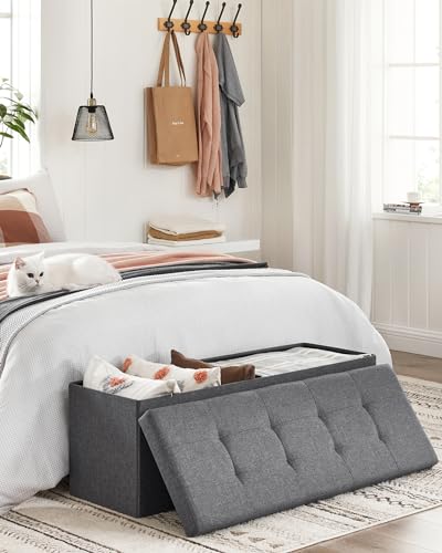 SONGMICS Sitzhocker mit Stauraum, klappbare Sitzbank, 38 x 110 x 38 cm Fußbank, Aufbewahrungsbox, bis 300 kg belastbar, für Wohnzimmer Schlafzimmer Flur, schiefergrau LSF77K