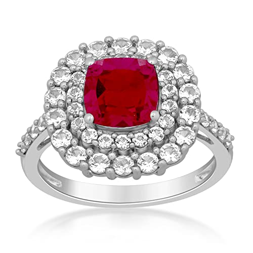 Jewelili Sterling Silver 7x7 MM Cushion Created Ruby and Round Created White Sapphire Halo Ring, Size 6