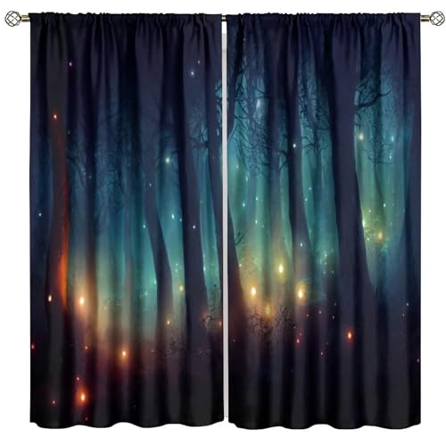 SHElifestyle Fantasy Forest Curtains, Enchanted Trees Dreamy Mist Gothic Forest Window Treatments Glowing Lights Landscape Window Drapes for Bedroom Living Room W42 X L45