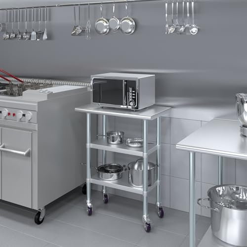 Image of AmGood Stainless Steel Work Table with 2 Shelves and Casters | Metal Utility Table On Wheels (Stainless Steel Work Table with 2 Shelves + Casters, 30 inch Long x 18 inch Deep)