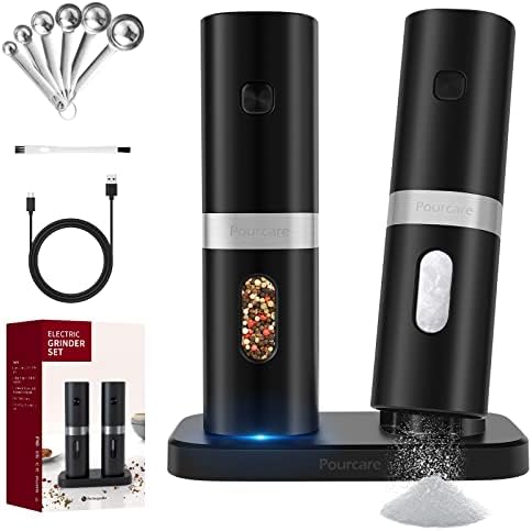 Pourcare Rechargeable Electric Salt and Pepper Grinder Set, Automatic Refillable Salt & Pepper Mill Set with Charging Base, Adjustable Coarseness Pepper Mill Shakers, One Hand Operation, LED Light
