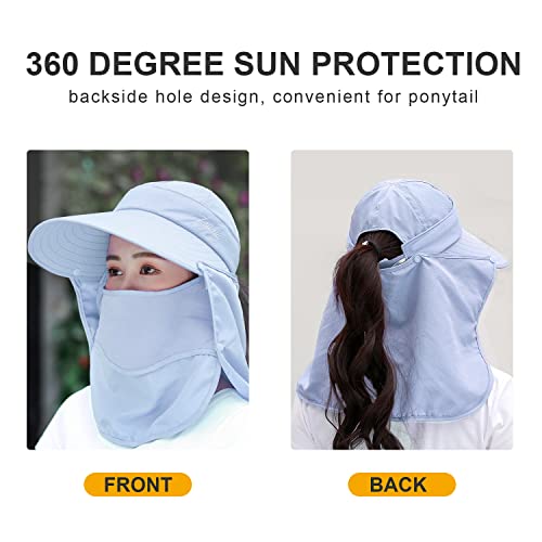 Image of Women Wide Brim Face Mask Sun Hat Detachable Neck Face Flap Ponytail UV Protection Visor Hat Garden Fishing Hiking