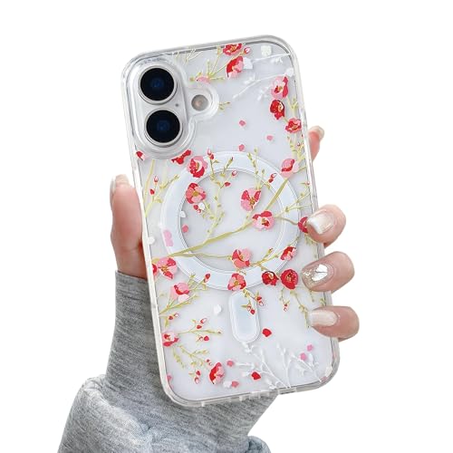 Coque iPhone 17 compatible Magsafe rouge à motif floral transparent
