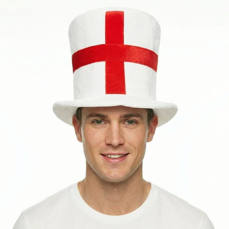 HENBRANDT England St. George's Cross Top Hat Adult - White Red Cross Fancy Dress Party Accessory for Football Sports Events Celebrations Costume