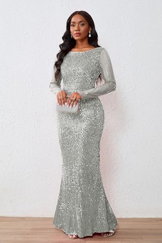 Image of VERWIN Women's Sequins Bodycon Round Neck Long Sleeve Sparkly Mermaid Maxi Dress for Casual Party Cocktail