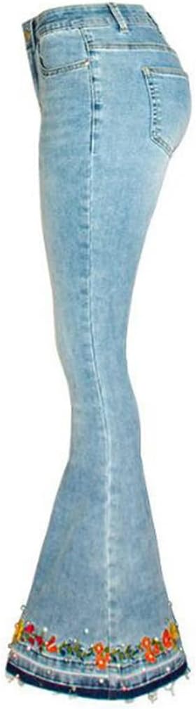 Floral Embroidery Jeans Ladies Flare Pants