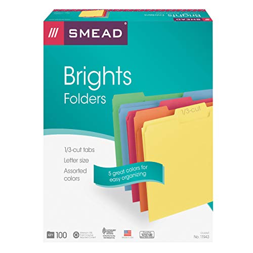 Smead Colored File Folder, 1/3-Cut Tab, Letter Size, Assorted Primary Colors, 100 Per Box (11943) #TOP4