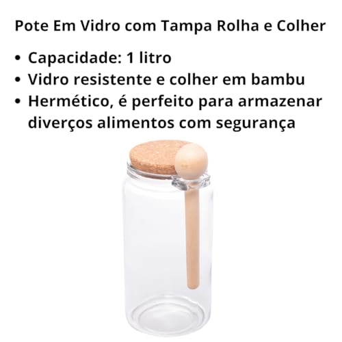 LYOR Porta Mantimento Redondo de Vidro com Tampa de Rolha e Colher de Bambu 1L