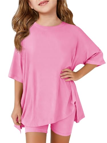 Haloumoning Girls Summer Outfits Casual Lounge Set Kids Oversized Side Split Shirts and Biker Shorts 2 Piece Clothing Sets
