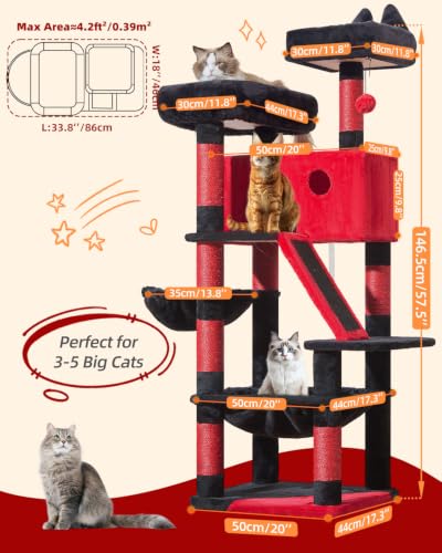 Image of Taoqimiao Gothic Cat Tree 57.5-Inch, Cat Tower for Indoor Cats Large Adult, Extra Large Cat Condo, 8 Sisal Scratching Posts, Metal Frame Cozy Hammock, Durable Scratch Board, 2 Top Perches, MS026BR