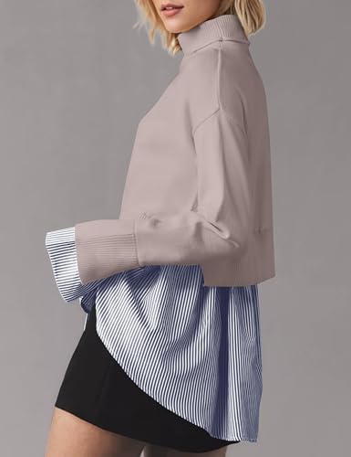 Image of MISSACTIVER Women Slit Turtleneck Patchwork Sweater 2 in 1 Buttons Down Pullover Knit Sweater Asymmetrical Hem Shirt Top
