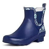 Laura Ashley Ladies PAISLEY Mid Cut Ankle Height Rubber Rain Boots, Blue, 8