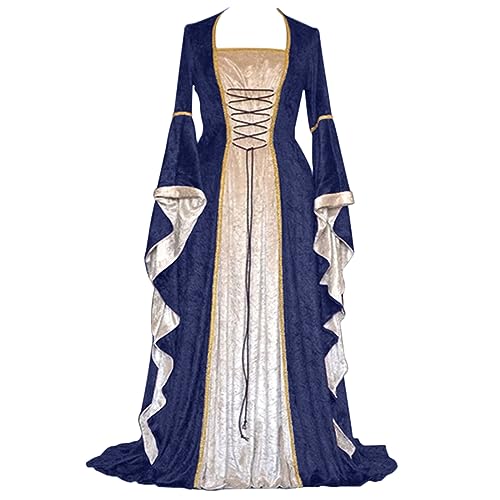 Disfraz de Halloween para mujer, estilo retro, monocolor, manga trompeta, vestido largo de princesa, cosplay, suelo, longitud de las edades claras, la sorprendente historia medieval (azul, XXL)