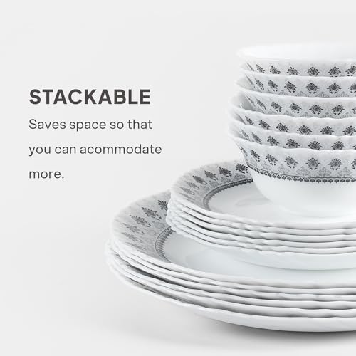 Image of CELLO Damask Imperial Plus Series Opalware Dinner Set of 27 Pieces For Family of 6 | Bone-Ash Free & Leadfree Opal Glass Microwave & Dishwasher Safe Crockery Plates & Bowls Set For Daily Use & Gifting