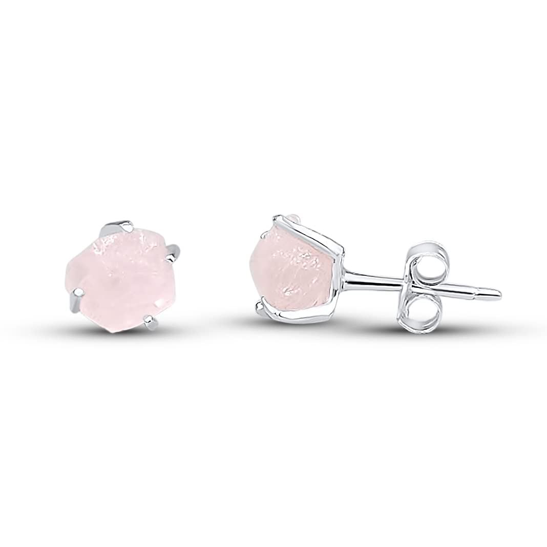 real raw rose quartz stone tiny 4 to 6mm stud earrings with solid 925 sterling silver birthstone gift for her niece daughter mom Uniquelan Jewelry(rose-quartz)