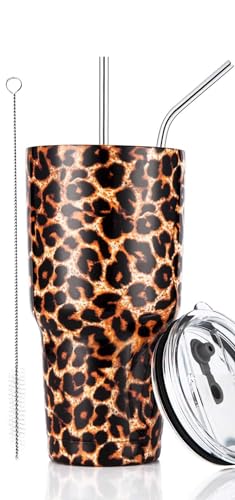 Image of 30oz Leopard Tumbler Stainless Steel Insulated Travel Mug with Straw Lid Cleaning Brush (30 oz Leopard)
