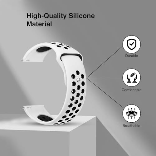 Image of TECHONTO Soft Silicone 22mm Watch Band Strap with Rust-Free Button Compatible with Amazfit GTS 2 Mini, Bip, GTS, Samsung Galaxy Watch 4 & Watch 5 (White & Black)
