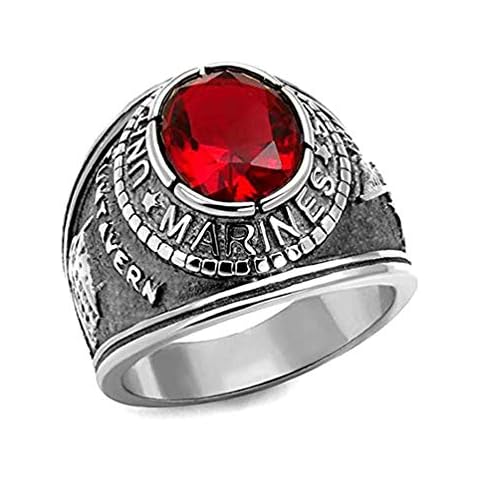 Marines Ring - (Silver Color w/Red Stone) Marines Military Rings Jewelry - Officers Military gear or Marines Uniform Veteran Ring with flag decal emblem design (11) Cover
