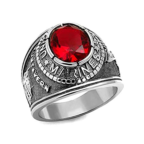 Marines Ring - (Silver Color W/Red Stone) Marines Military Rings Jewelry - Officers Military Gear Or Marines Uniform Veteran Ring With Flag Decal Emblem Design (12) #TOP20