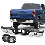 KUIPERAUTO Chrome Rear Step Bumper Assembly Compatible for 2007-2013 Toyota Tundra Pickup with LED Square Light Steel Complete Back Bumpers -WITH Parking Sensor Holes