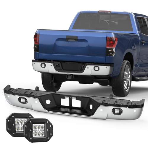KUIPERAUTO Chrome Rear Step Bumper Assembly Compatible for 2007-2013 Toyota Tundra Pickup with LED Square Light Steel Complete Back Bumpers -WITH Parking Sensor Holes