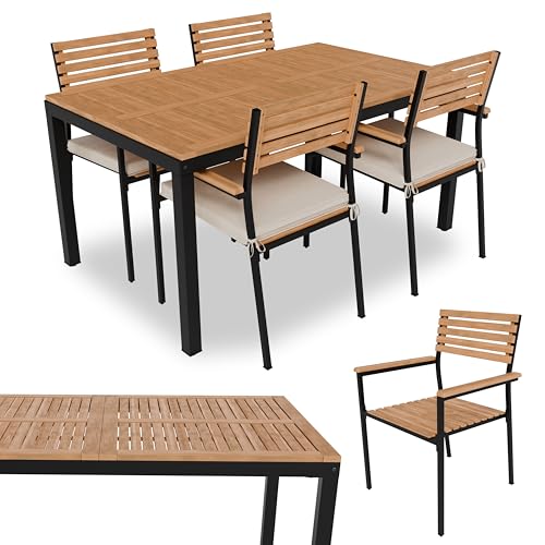 Juskys Salon de Jardin en Bois d'acacia Rhodos - Table, 4 chaises & Coussins - Mobilier de Jardin en Bois, 5 pièces - Meubles de Balcon - Mobilier d'extérieur Bois...