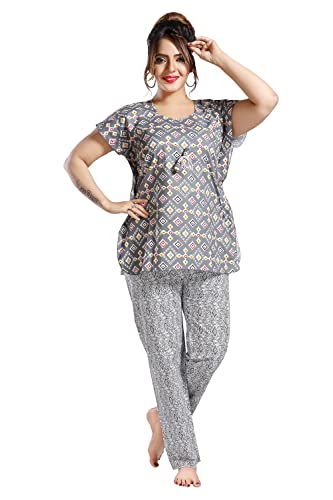 Image of Fabme Women's Cotton Printed Kaftan and Pyjama Set - Grey