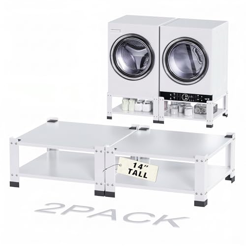 GangMei 2 Pack Washer and Dryer Pedestals Stand Heavy Duty Metal Laundry Pedestal with Storage Shelf 28 Universal Fit Anti-Vibration Washing Machine Base Stand 800 LBS Capacity 14H White