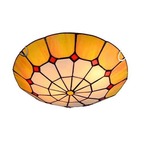Mediterranean Tiffany Style Flush Mount LED Ceiling Light Orange Stained Glass LED Ceiling Lamp for Bedroom Dining Room Corridor Light Fixture,LED Chip,12W/18W/36W,Tricolorlight,40cm Cover