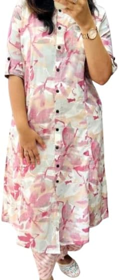 Women Cotton Hand Block Printed Office Wear A line Kurta with Pant