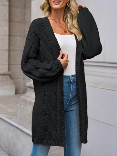Saodimallsu Womens Fall Cable Long Cardigans Lantern Sleeve Knit Open Front Chunky Loose Fit Sweater Coats3