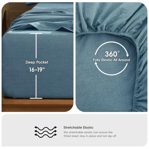 Image of MooMee Bedding Sheet Set 100% Washed Cotton Linen Like Textured Breathable Durable Soft Comfy (Heathered Peacock Blue, Queen)