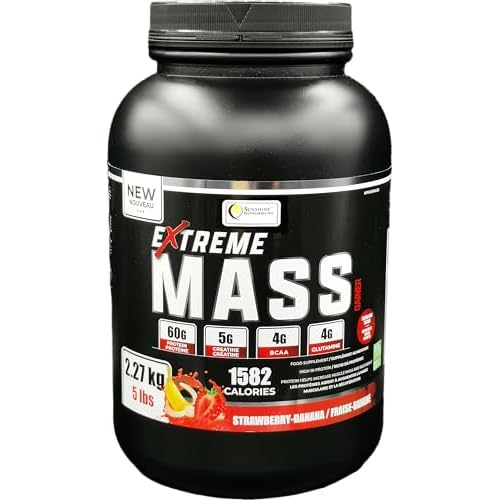 Extreme Mass Weight Gainer Muscle Builder, 5 lbs (2.27 kg) Less Sugar for Intense Workout Training Made of high Calorie Fortified whey Protein (5 lbs, Strawberry Banana)