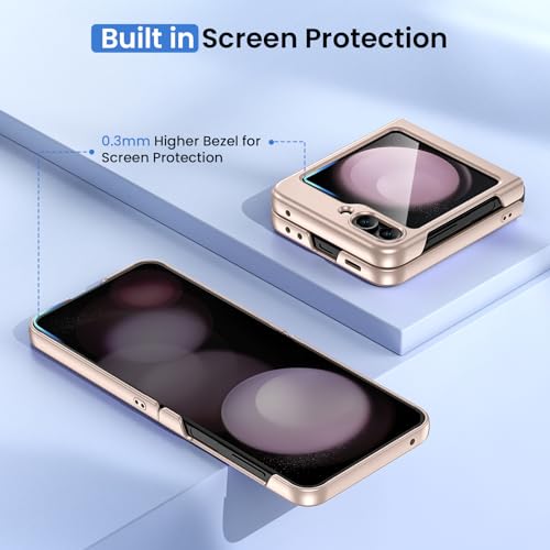Image of Ruky for Samsung Z Flip 5 Case, with Built-in Screen Protector, Gold | Full Body Hard PC Slim Anti-Scratches Shockproof Wireless Charging Women Girls Phone Case for Samsung Galaxy Z Flip 5, Gold