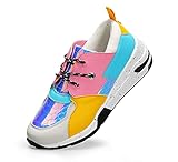 LUCKY STEP Women's High Heel Wedge Sneakers Platform Retro Casual Shoes (Hologram White/Multi,8.5 B(M) US)