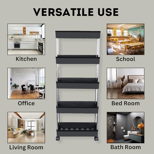 Image of AEXONIZ TOYS Plastic Kitchen Storage Trolley Rack | Multi-Purpose Storage Cart with Wheels for Kitchen & Bathroom|Space-Saving Organizer Rack with Wheels (Black, 5 Layer)