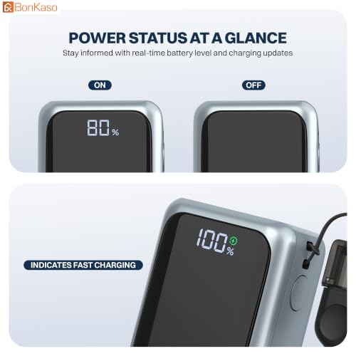 Image of Bonkaso 10000mAh 22.5W PD Power Bank with Inbuilt Type-C to Type-C Cable, Digital Display, USB-A & Type-C Output, Compact Metallic Grey Portable Charger for Mobiles, Tablets & Type-C Devices