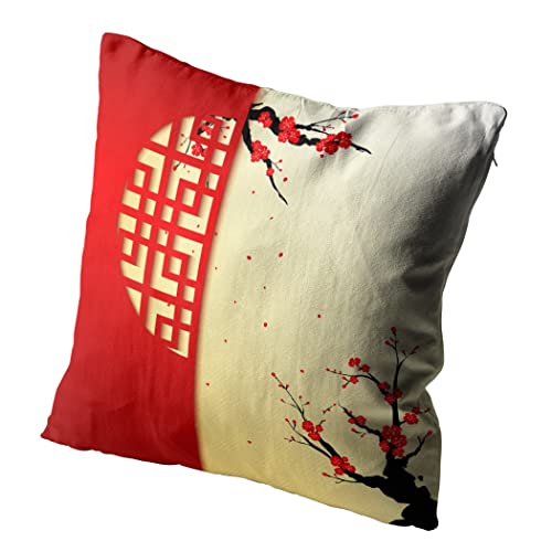 Subently Set Of 2 Throw Pillow Covers New Year Chinese Cherry Blossom Greeting Living Room Sofa Bedroom Polyester Hidden Zipper Pillowcases Cushion Cases 20X20 Inch #TOP2