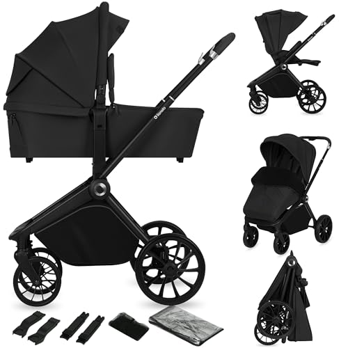 LIONELO MIKA PLUS 2 en 1 Cochecito de bebé 0 48 meses hasta 22 kg Capazo hasta 9 kg, Ajuste de Respaldo y Reposapiés, Suspensión, AiryDots, Ruedas de PU giratorias 360° Capota XXL (Black)