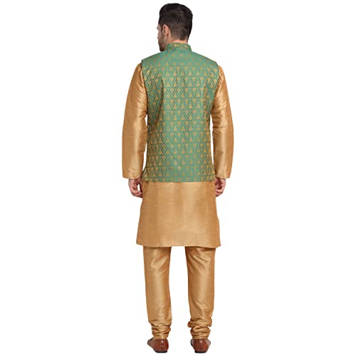 Image of KRAFT INDIA Mens Gold Silk Blend Kurta and Churidar Set With Jacquard Paisley Nehru Jacket