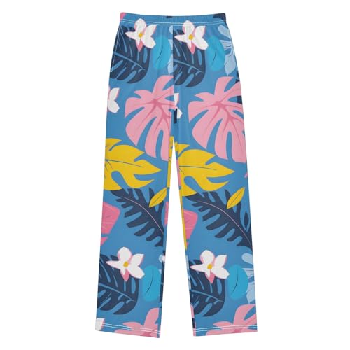 Boys Casual Pants Blue Pink Leaves Soft Pants for Relaxing