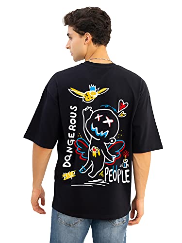 Image of Jump Cuts Mens Printed Round Neck 3-4th Sleeve Black, White Cotton Boxy Fit T-Shirt