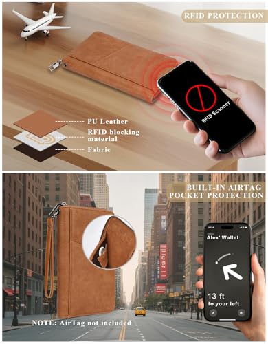 Family Passport Holder Wallet RFID Travel Document Organizer for Women Men, Portable Case Cover for Cards, Boarding Pass with Wrist/Neck Strap, Airtag Pocket, Travel Essentials Gifts -Light Brown, 1pc4