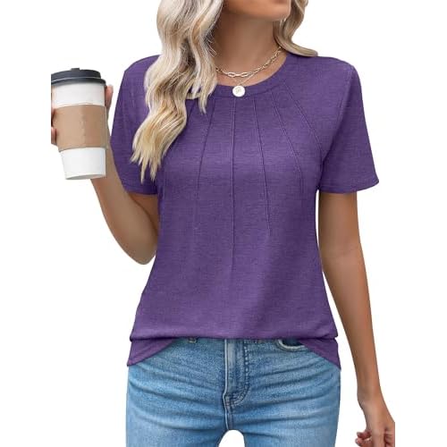 Kistore Womens Casual Crew Neck Short Sleeve Pleated Tops Blouses Fashion Clothes 2026 A1 Soild Purple Small