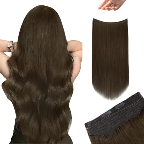 Image of YoungSee Wire Hair Extensions Real Human Hair Brown Wire Extensions Real Human Hair Brown Straight Human Hair Fish Line Extension Easy to Apply and Remove 18 Inch 80g